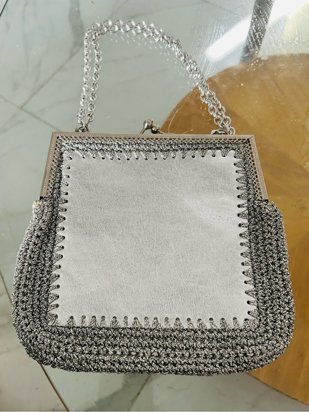 Walborg Vintage Silver Metallic Chain-Handle Evening Bag Made in Italy